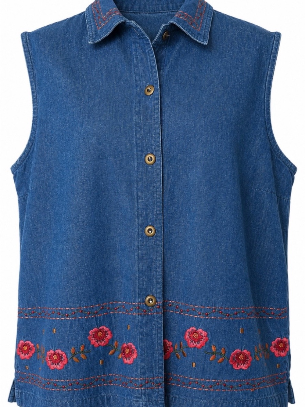Floral Embroidered Denim Sleeveless Top Vest Boho Cottagecore Button Front Large